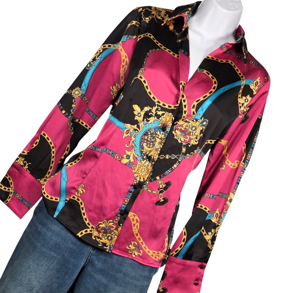 Cache Satin Button Down Blouse Women XS Gold Chain Print Baroque Top Luxury